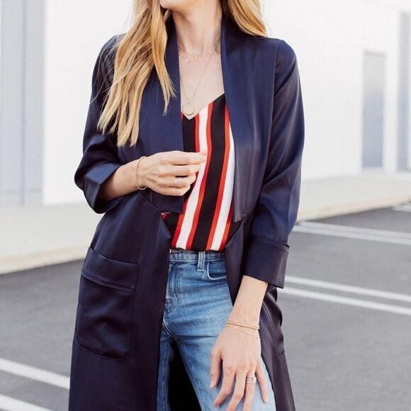 ayr - crystal cove jacket satin duster collared open front midi navy blue - Picture 4 of 10